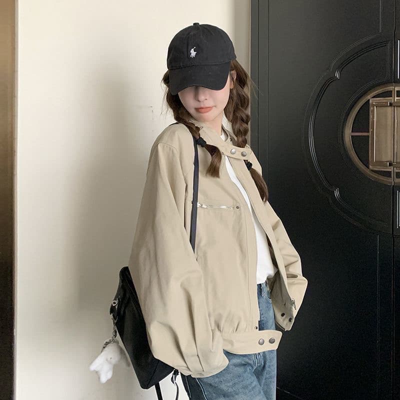 카키 색 워크웨어 야구 유니폼 여성 코트 새로운 캐주얼 한 부서 튀김 거리 작은 키 쇼트 스타일 재킷 맨위 상세 이미지 7