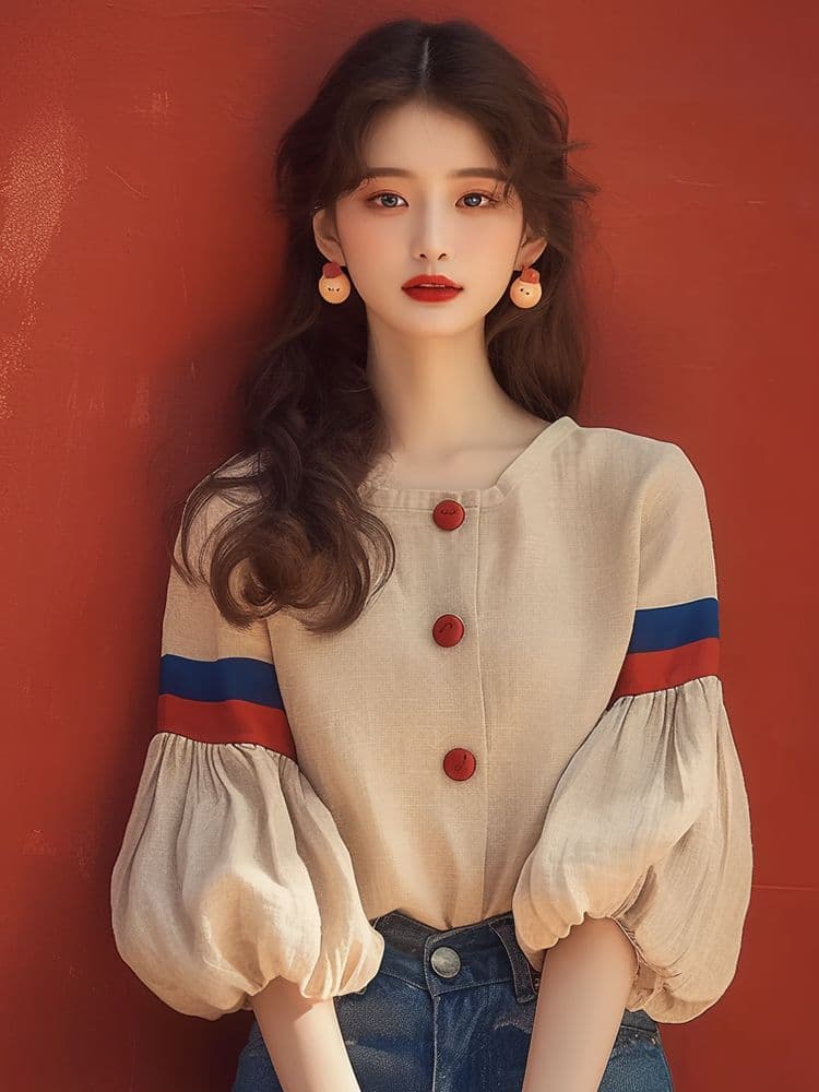 프랑스식 벌룬 소매 여성 셔츠 디자인 센스 작은 대중 봄 가을 고유 한 Chic 슈퍼 잘 생긴 루즈핏 반소매 아름다운 맨위 이미지 3