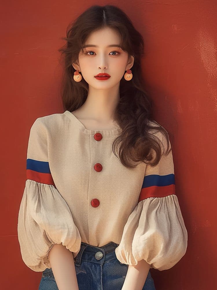 프랑스식 벌룬 소매 여성 셔츠 디자인 센스 작은 대중 봄 가을 고유 한 Chic 슈퍼 잘 생긴 루즈핏 반소매 아름다운 맨위 상세 이미지 3