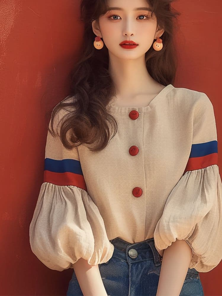 프랑스식 벌룬 소매 여성 셔츠 디자인 센스 작은 대중 봄 가을 고유 한 Chic 슈퍼 잘 생긴 루즈핏 반소매 아름다운 맨위 상세 이미지 4