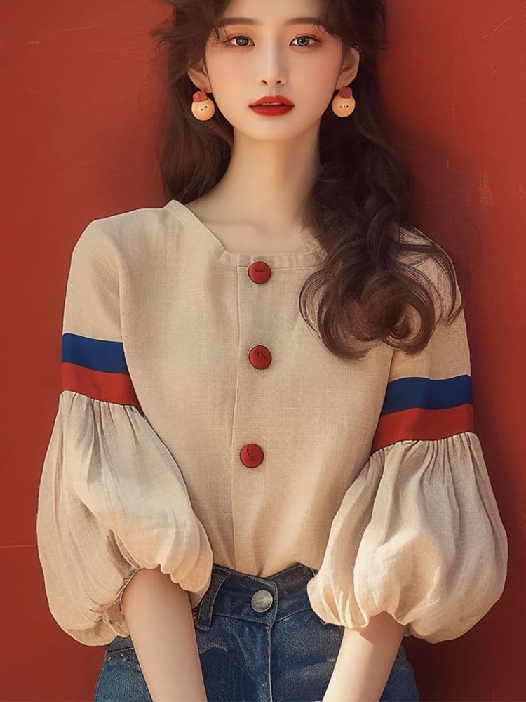 프랑스식 벌룬 소매 여성 셔츠 디자인 센스 작은 대중 봄 가을 고유 한 Chic 슈퍼 잘 생긴 루즈핏 반소매 아름다운 맨위 상세 이미지 5