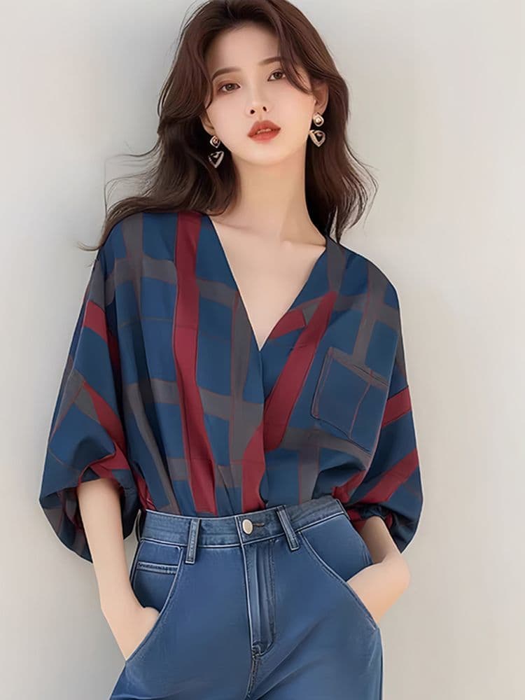 항구 바람 빨간색 블루 체크무늬 배색 V넥 7부 소매 자외선 차단 셔츠 여자 이른 가을 한 부서 황산구리 착용 잡아라. 의류 이미지 2