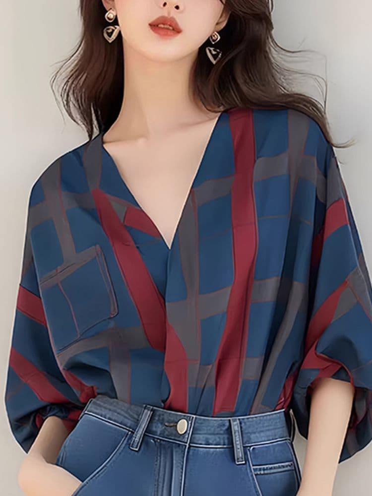 항구 바람 빨간색 블루 체크무늬 배색 V넥 7부 소매 자외선 차단 셔츠 여자 이른 가을 한 부서 황산구리 착용 잡아라. 의류 이미지 4