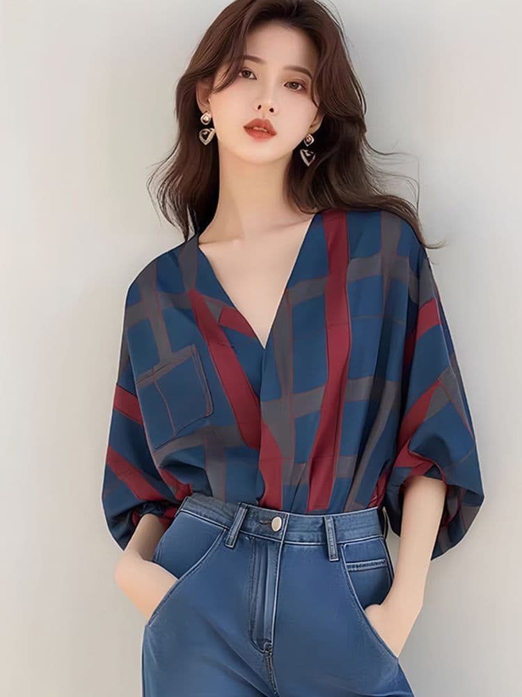 항구 바람 빨간색 블루 체크무늬 배색 V넥 7부 소매 자외선 차단 셔츠 여자 이른 가을 한 부서 황산구리 착용 잡아라. 의류 상세 이미지 2