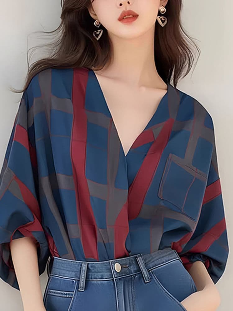 항구 바람 빨간색 블루 체크무늬 배색 V넥 7부 소매 자외선 차단 셔츠 여자 이른 가을 한 부서 황산구리 착용 잡아라. 의류 상세 이미지 5