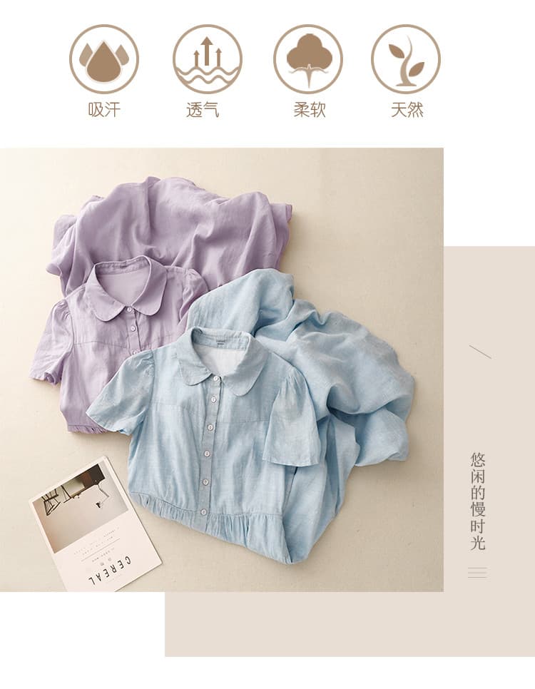 일본식 레트로 아마 반팔 여성 드레스 여름 센 부서 문예 루즈핏 캐주얼 베이비 칼라 면 린넨 셔츠 드레스 상세 이미지 3