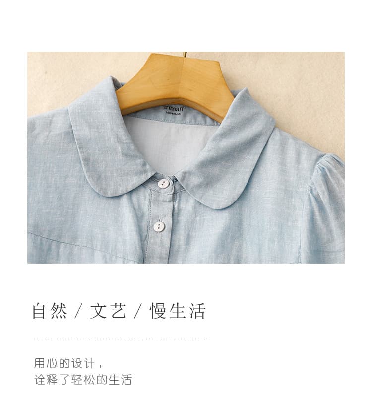 일본식 레트로 아마 반팔 여성 드레스 여름 센 부서 문예 루즈핏 캐주얼 베이비 칼라 면 린넨 셔츠 드레스 상세 이미지 7