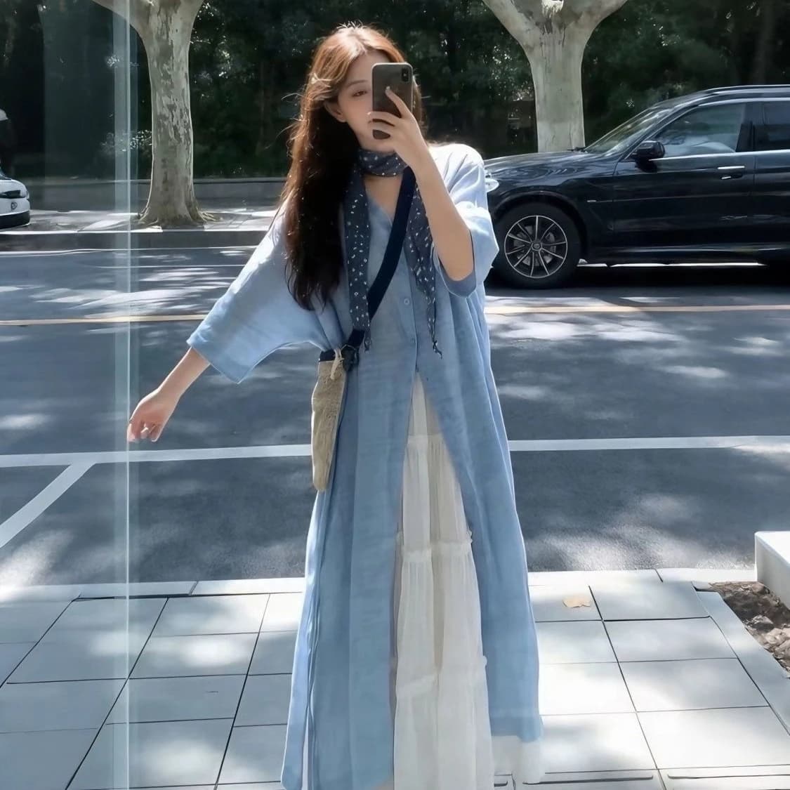 초여름 고유 한 아름다운 착용 가져 가라. 전체 집합 여성 레저 패션 품격 셔츠 드레스 스택 착용 반신 스커트 투피스 슈트 이미지 3