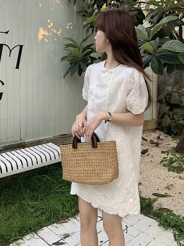 여름 국풍 라운드 넥 새로운 중식 디자인 센스 반팔 드레스 2026 새로운 단추 품격 루즈핏 치마 아이들 이미지 2