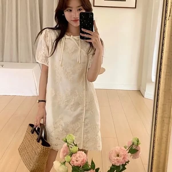 여름 국풍 라운드 넥 새로운 중식 디자인 센스 반팔 드레스 2026 새로운 단추 품격 루즈핏 치마 아이들