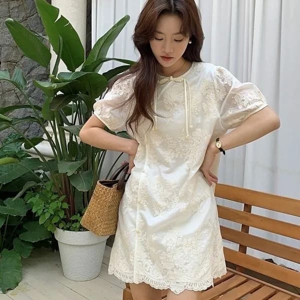 여름 국풍 라운드 넥 새로운 중식 디자인 센스 반팔 드레스 2026 새로운 단추 품격 루즈핏 치마 아이들 이미지 3