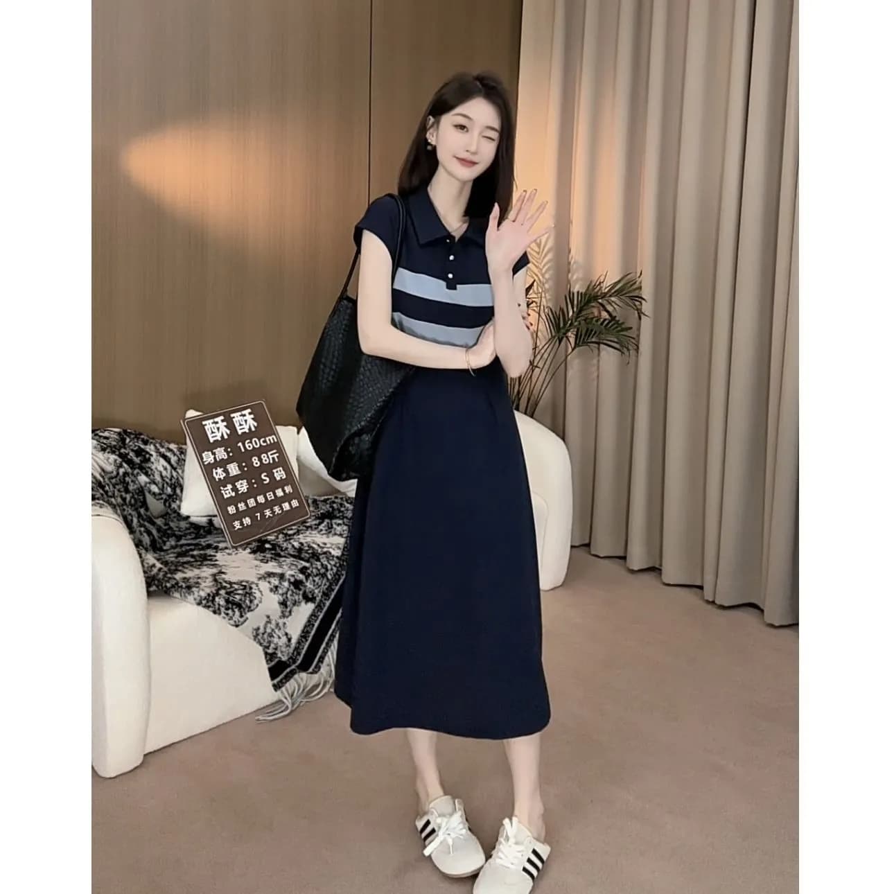 배색 패치워크 허리 수축 슬림해 보이는 POLO 칼라 드레스 2026 여름 새로운 디자인 센스 레트로 드레스 이미지 2