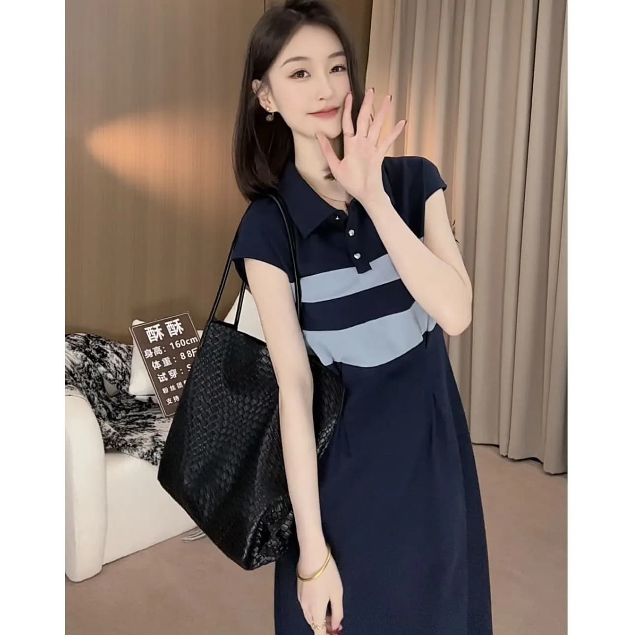 배색 패치워크 허리 수축 슬림해 보이는 POLO 칼라 드레스 2026 여름 새로운 디자인 센스 레트로 드레스 이미지 5