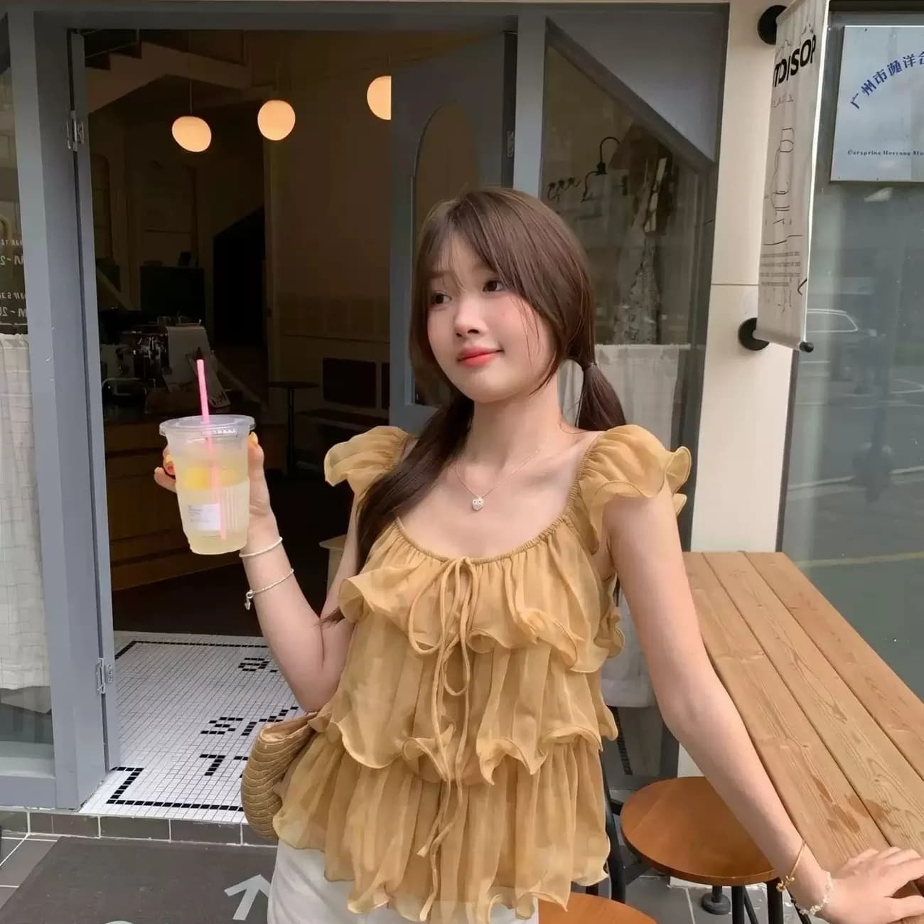 부드러운 달콤한 스타일 u 칼라 프릴 여성 셔츠 프랑스식 순수한 욕망 품격 루즈핏 슬림해 보이는 다용도 작은 날다 소매 맨위 이미지 5
