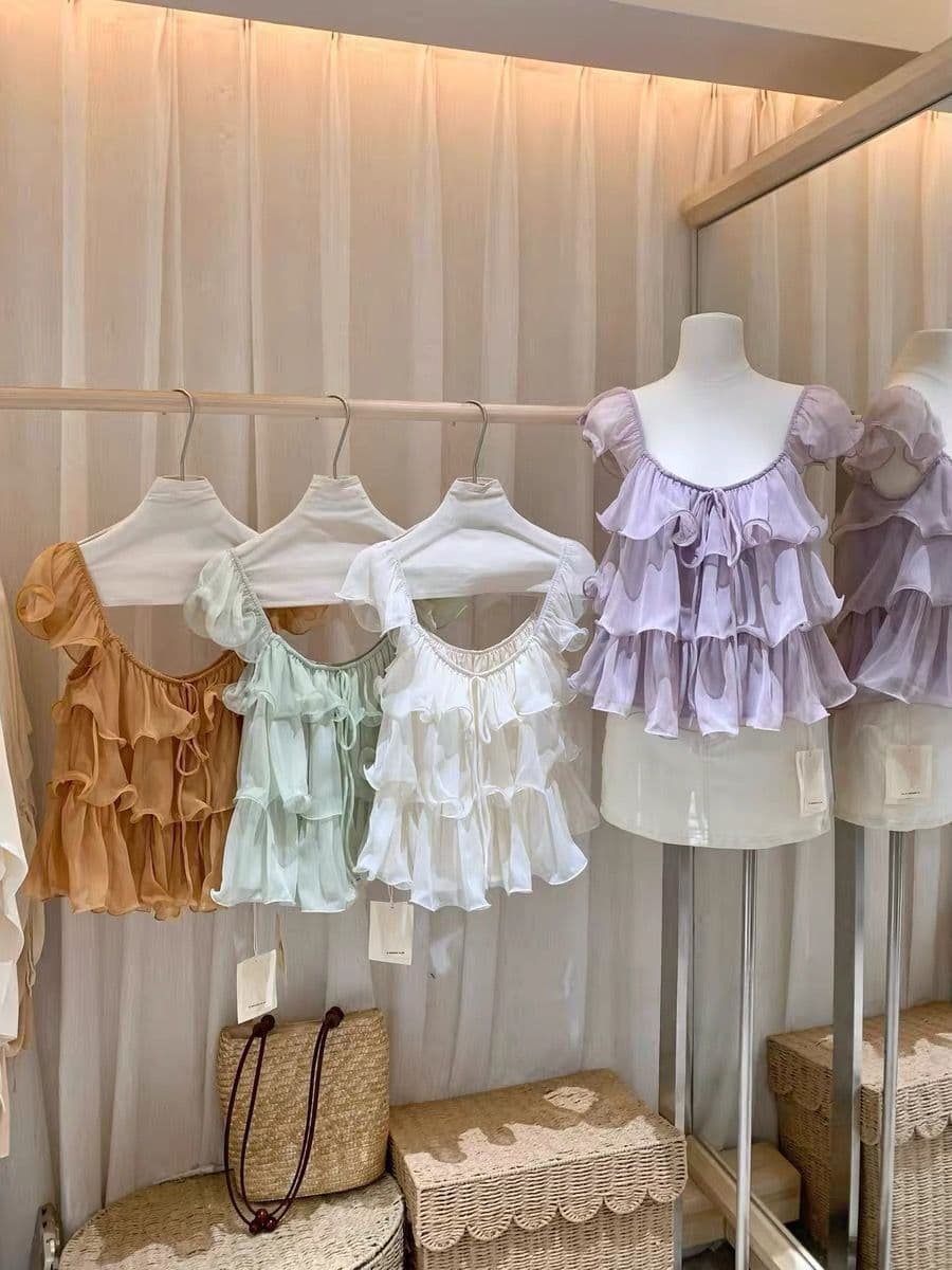 부드러운 달콤한 스타일 u 칼라 프릴 여성 셔츠 프랑스식 순수한 욕망 품격 루즈핏 슬림해 보이는 다용도 작은 날다 소매 맨위 상세 이미지 5