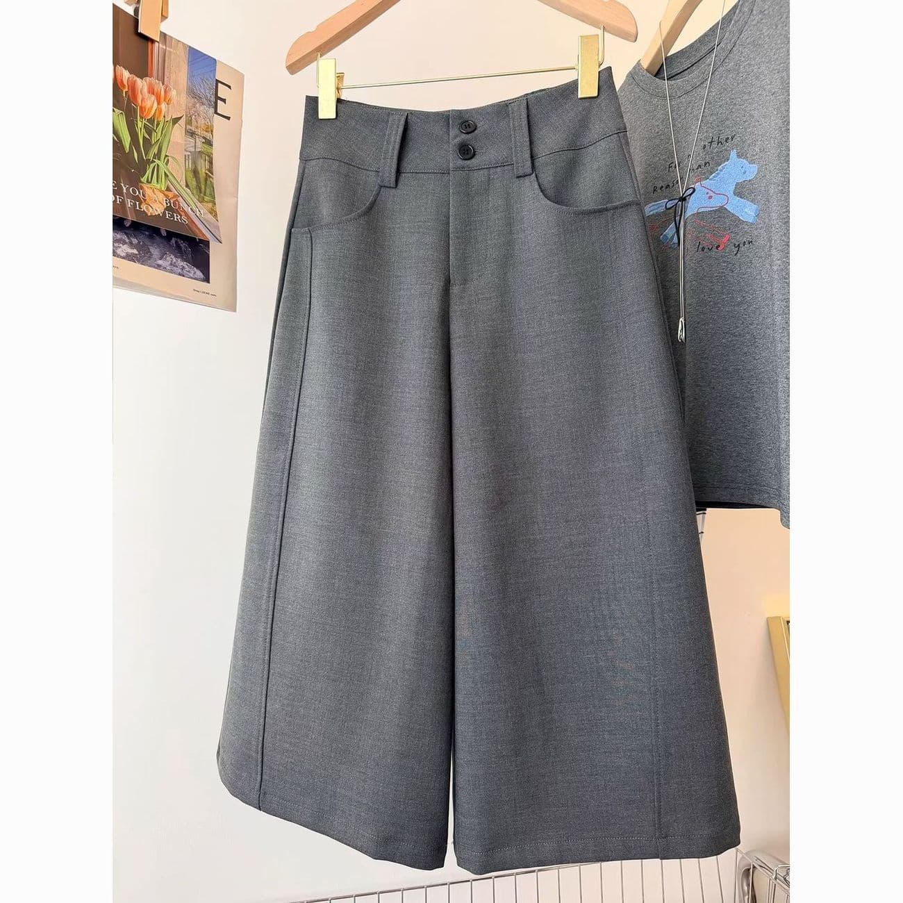 회색 하이웨이스트 루즈핏 슬림해 보이는 와이드 레깅스 바지 여름 새로운 외국 가스 스트레이트 캐주얼 정장 바지 7부 바지 여성 여름 이미지 2