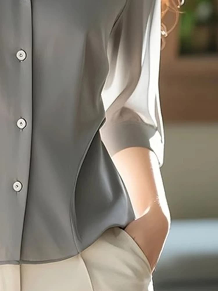 프랑스식 빛 럭셔리 폴로 칼라 회색 반소매 쉬폰 여성 셔츠 디자인 센스 여름 고유 한 Chic 아름다운 작은 셔츠 맨위 이미지 4