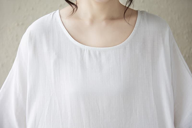 2026 봄 가을 여름 신제품 마 면 중노년 어머니 드레스 라운드 넥 풀오버 한 마디 루즈핏 화이트 빅 사이즈 드레스 상세 이미지 9