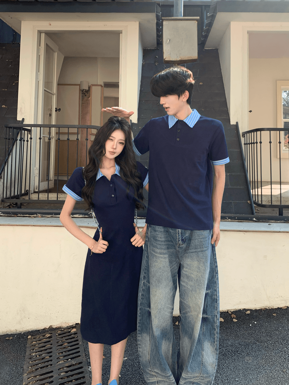 실사 커플룩 여름 새로운 miu 부서 여성 패치워크 반팔 드레스 남자 POLO 셔츠 학생 클래스 서비스 트렌디 이미지 3
