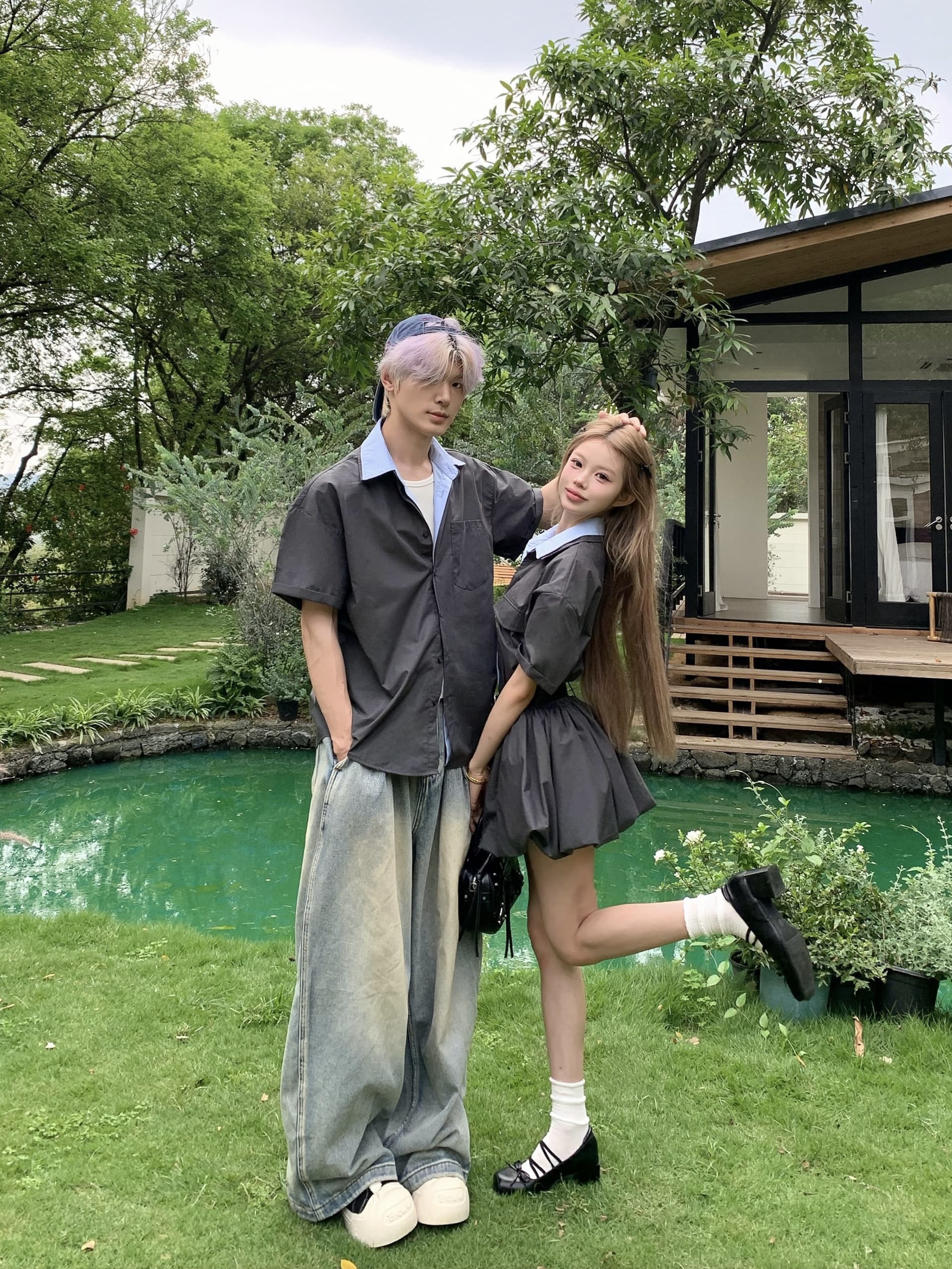 실사 커플룩 여름 새로운 인터넷 유명인 페이크 레이어드 패치워크 miu 셔츠 치마 남자 반팔 셔츠 학생 트렌디 이미지 4