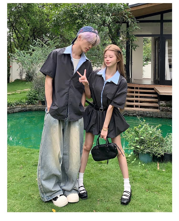 실사 커플룩 여름 새로운 인터넷 유명인 페이크 레이어드 패치워크 miu 셔츠 치마 남자 반팔 셔츠 학생 트렌디 상세 이미지 7