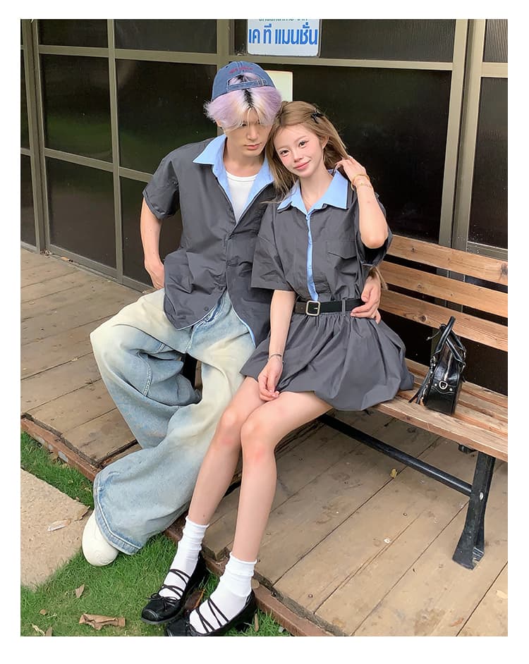 실사 커플룩 여름 새로운 인터넷 유명인 페이크 레이어드 패치워크 miu 셔츠 치마 남자 반팔 셔츠 학생 트렌디 상세 이미지 10