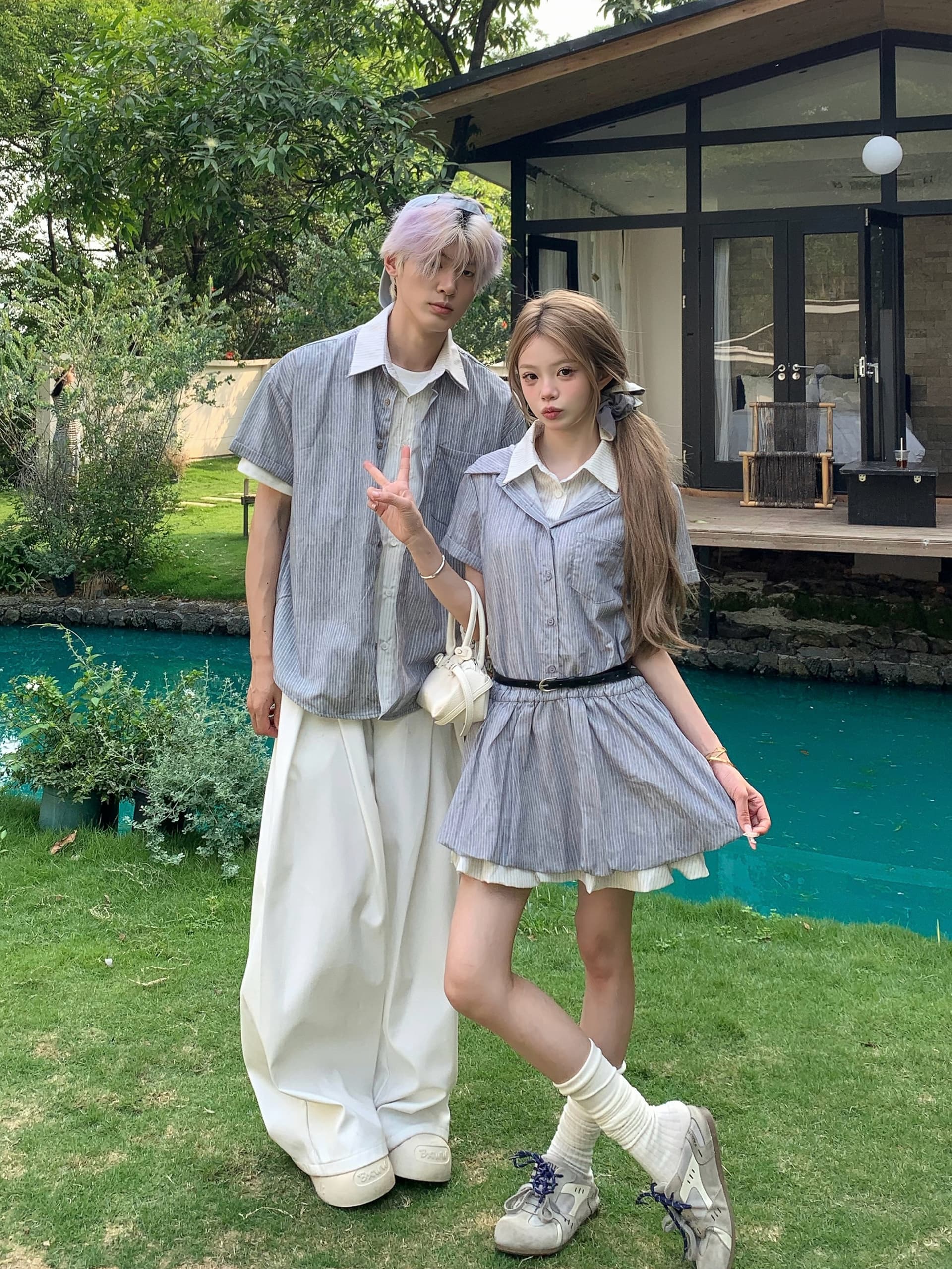 실사 커플룩 여름 새로운 인터넷 유명인 miu 부서 페이크 레이어드 벨트 드레스 남자 반팔 셔츠 학생 트렌디