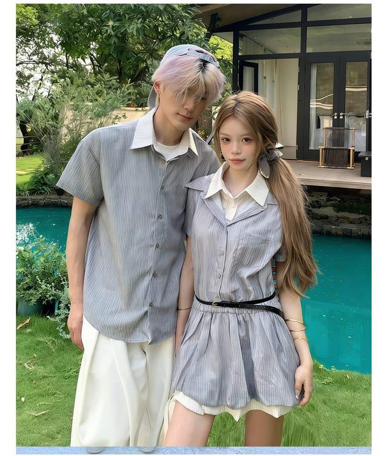 실사 커플룩 여름 새로운 인터넷 유명인 miu 부서 페이크 레이어드 벨트 드레스 남자 반팔 셔츠 학생 트렌디 상세 이미지 5