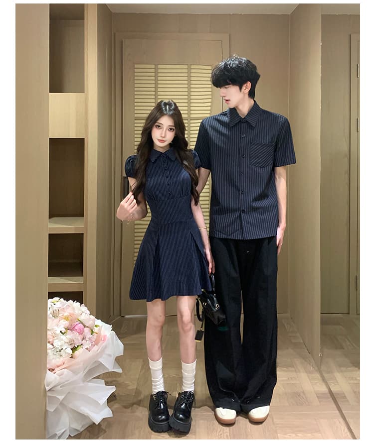 실사 커플룩 여름 새로운 스트라이프 miu 부서 학원 스타일 여성 인터넷 유명인 드레스 남자 반팔 셔츠 상세 이미지 5