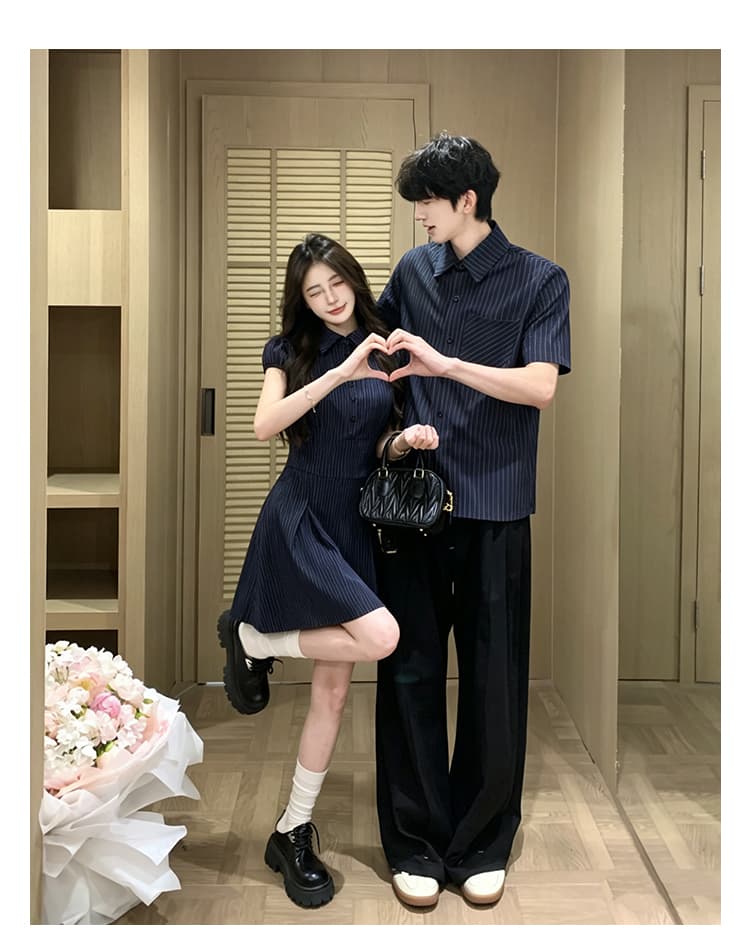 실사 커플룩 여름 새로운 스트라이프 miu 부서 학원 스타일 여성 인터넷 유명인 드레스 남자 반팔 셔츠 상세 이미지 6
