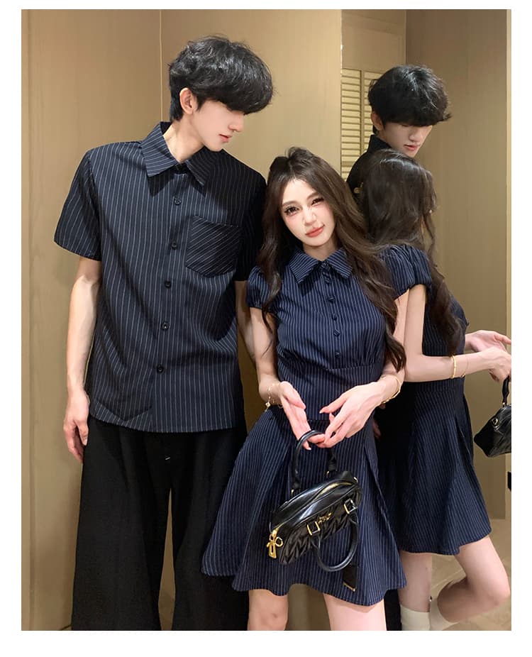 실사 커플룩 여름 새로운 스트라이프 miu 부서 학원 스타일 여성 인터넷 유명인 드레스 남자 반팔 셔츠 상세 이미지 7