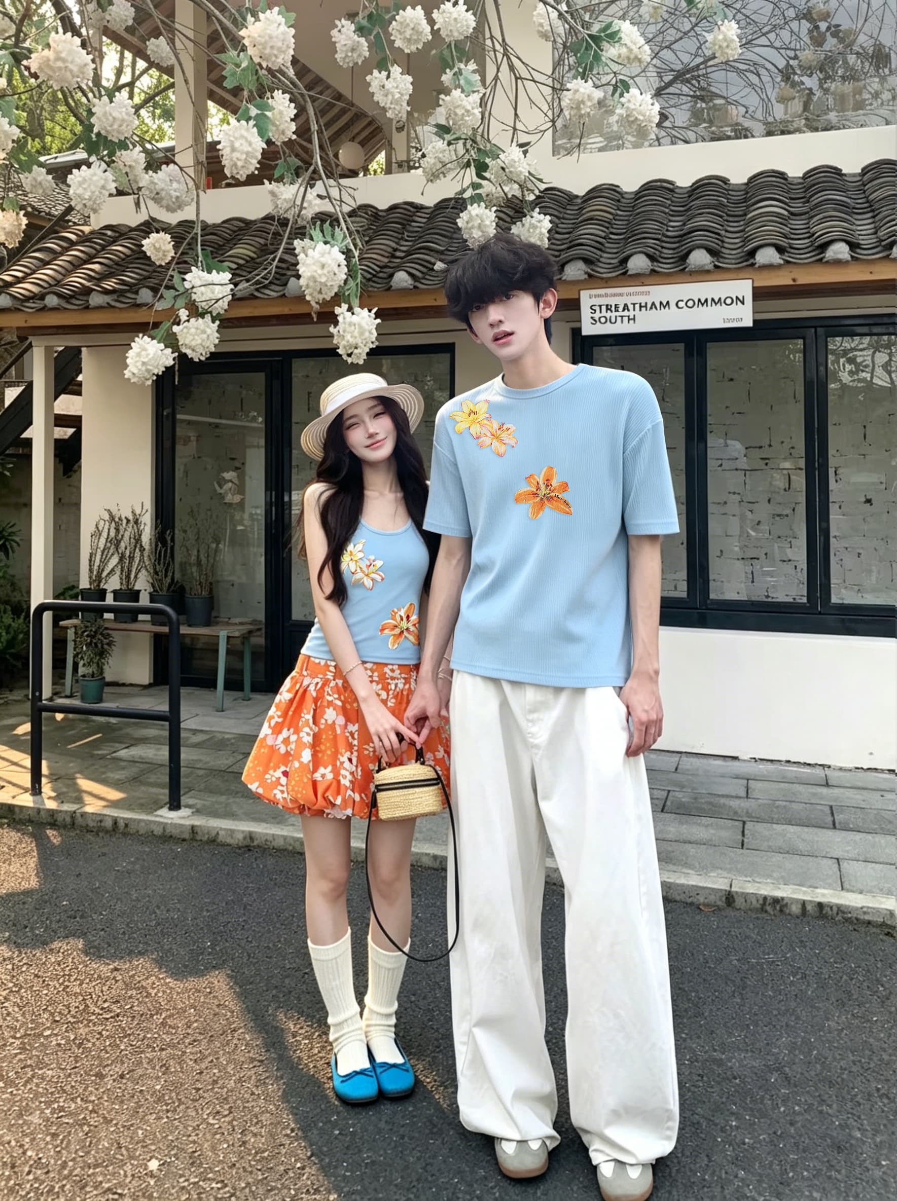 실사 커플룩 여름 새로운 여행 인터넷 유명인 도파민 조끼 꽃밭 치마 세트 남자 반팔 티셔츠 프린트