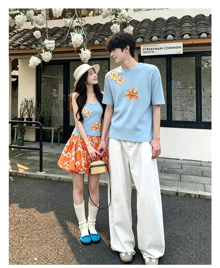 실사 커플룩 여름 새로운 여행 인터넷 유명인 도파민 조끼 꽃밭 치마 세트 남자 반팔 티셔츠 프린트 상세 이미지 3