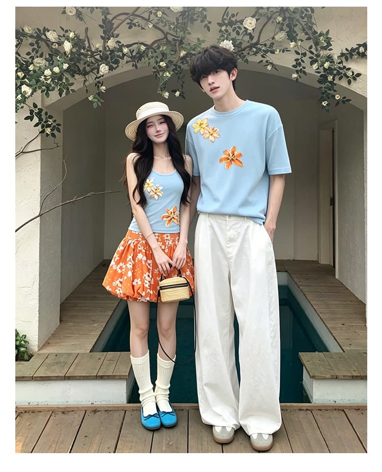 실사 커플룩 여름 새로운 여행 인터넷 유명인 도파민 조끼 꽃밭 치마 세트 남자 반팔 티셔츠 프린트 상세 이미지 7