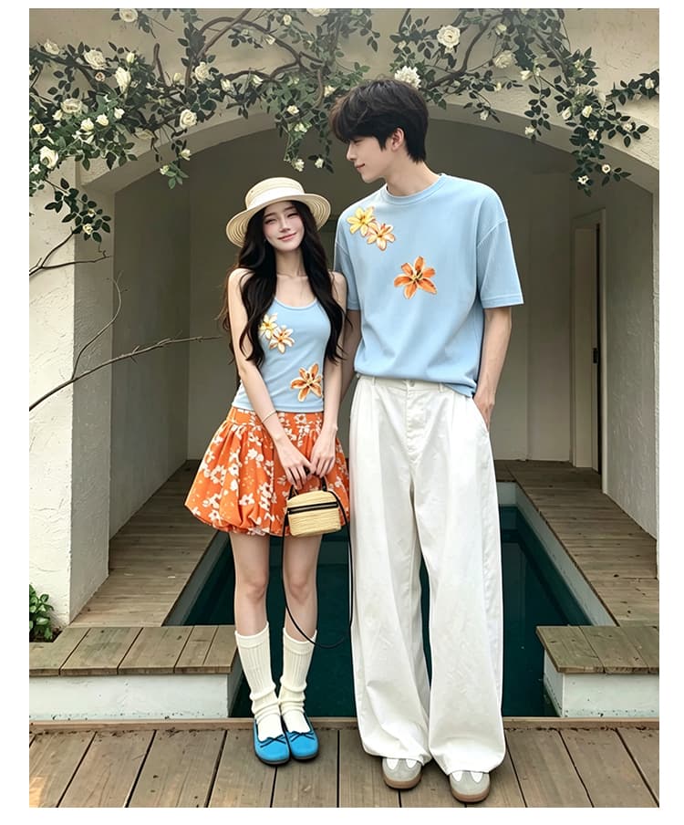 실사 커플룩 여름 새로운 여행 인터넷 유명인 도파민 조끼 꽃밭 치마 세트 남자 반팔 티셔츠 프린트 상세 이미지 8