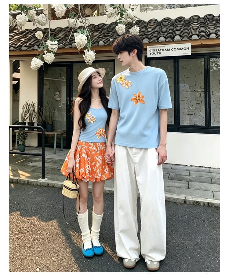 실사 커플룩 여름 새로운 여행 인터넷 유명인 도파민 조끼 꽃밭 치마 세트 남자 반팔 티셔츠 프린트 상세 이미지 9