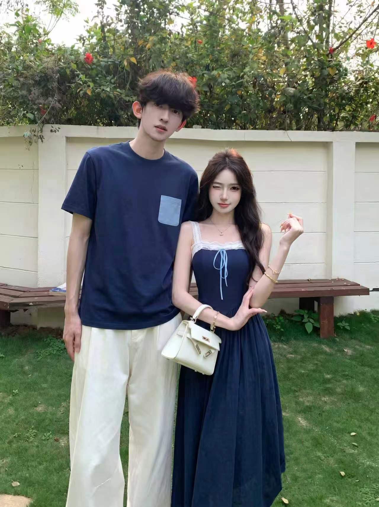 실사 커플룩 여름 새로운 파란색 프랑스식 휴가 여행 여성 슬립 드레스 레이스 남자 반팔 티셔츠
