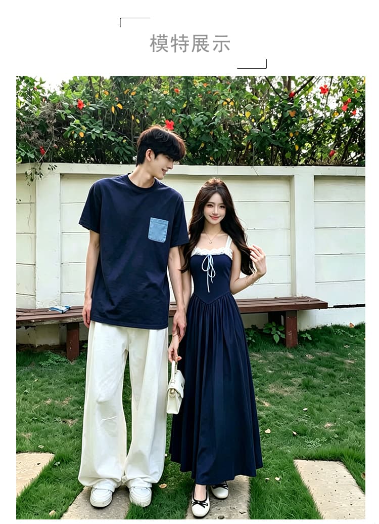 실사 커플룩 여름 새로운 파란색 프랑스식 휴가 여행 여성 슬립 드레스 레이스 남자 반팔 티셔츠 상세 이미지 1