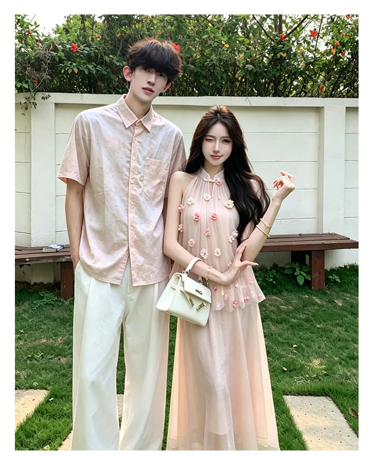 실사 커플룩 여름 새로운 휴가 섬 꽃 행침 목 치마 참여 칼라 라이센스 남자 셔츠 반팔 티셔츠 상세 이미지 3