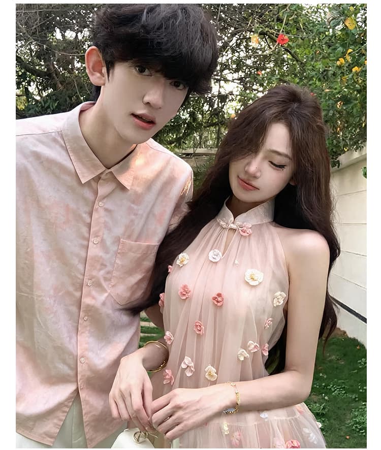 실사 커플룩 여름 새로운 휴가 섬 꽃 행침 목 치마 참여 칼라 라이센스 남자 셔츠 반팔 티셔츠 상세 이미지 5