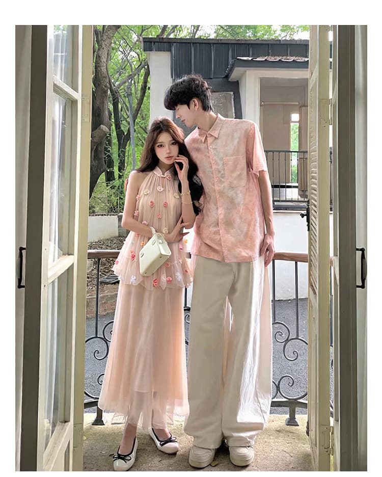실사 커플룩 여름 새로운 휴가 섬 꽃 행침 목 치마 참여 칼라 라이센스 남자 셔츠 반팔 티셔츠 상세 이미지 6