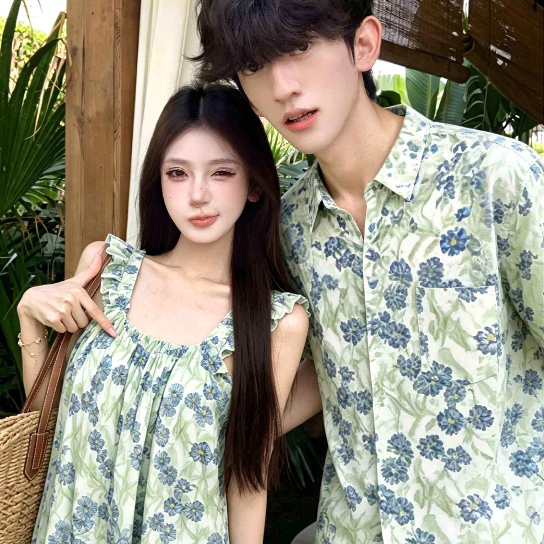 실사 커플룩 여름 새로운 인터넷 유명인 섬 휴가 바람 슬립 드레스 꽃무늬 남자 반팔 셔츠 학생 트렌디 이미지 5