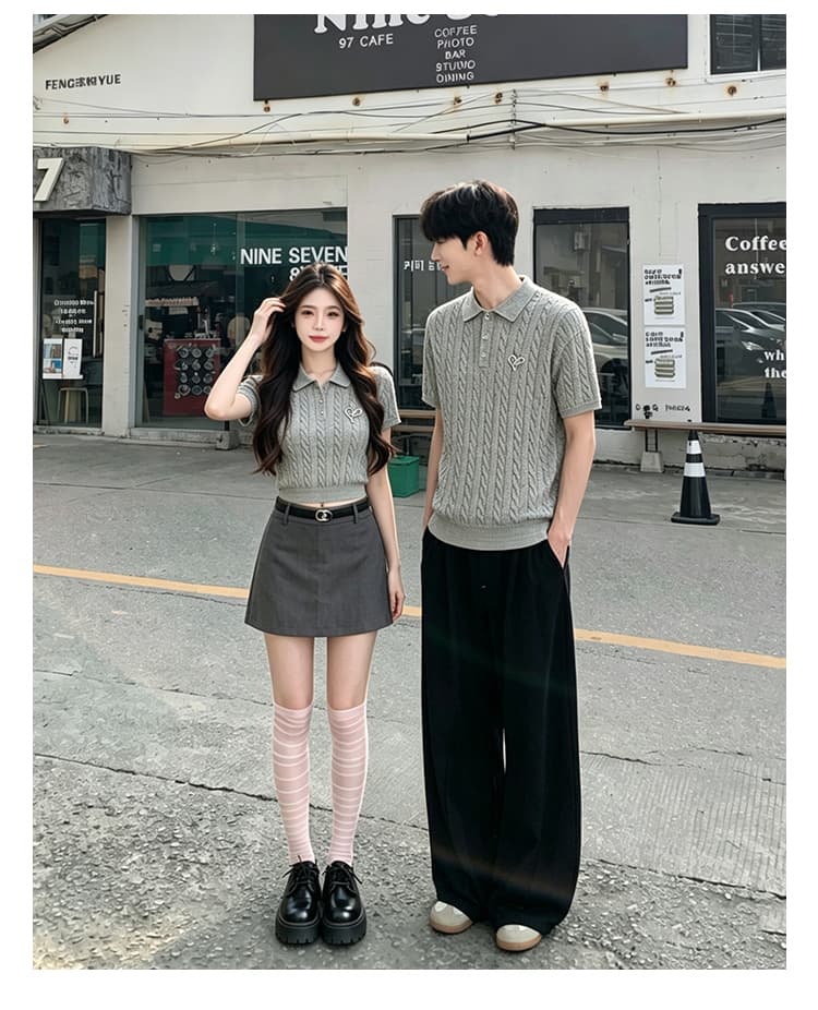 실사 커플룩 여름 신제품 miu 부서 반팔 polo 니트 스웨터 미니 스커트 세트 남자 학원 트렌디 상세 이미지 7