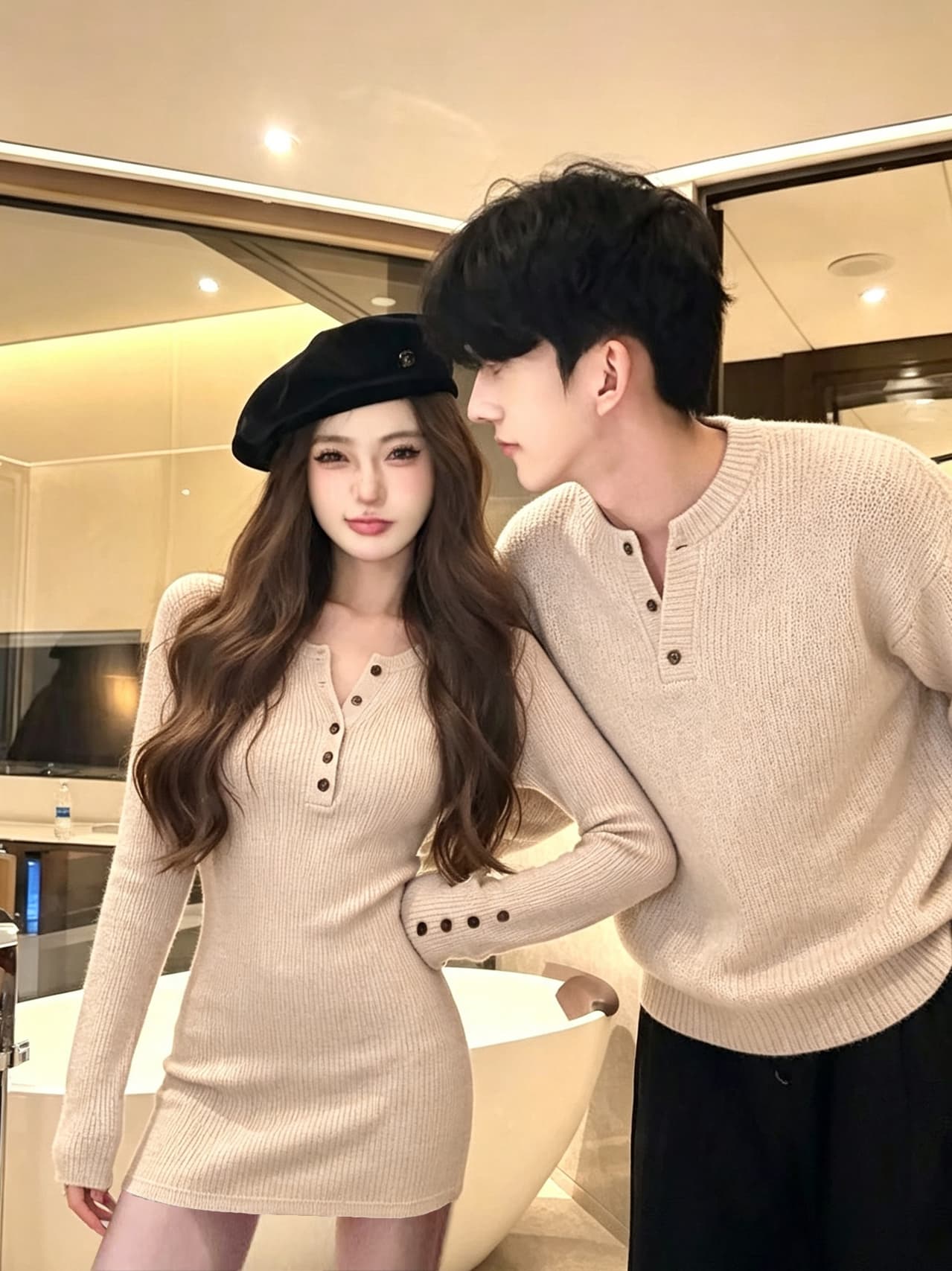 실사 커플룩 가을 겨울철 새로운 긴팔 여성 miu 부서 인터넷 유명인 털 니트 원피스 남자 풀오버 니트 스웨터 세트 이미지 4