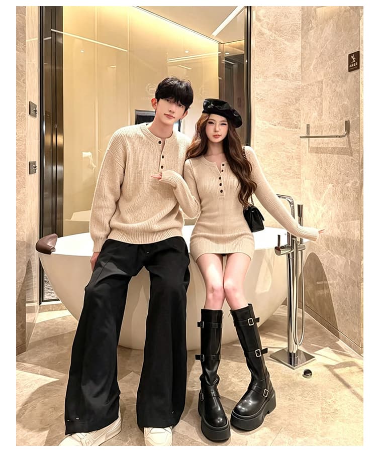 실사 커플룩 가을 겨울철 새로운 긴팔 여성 miu 부서 인터넷 유명인 털 니트 원피스 남자 풀오버 니트 스웨터 세트 상세 이미지 4