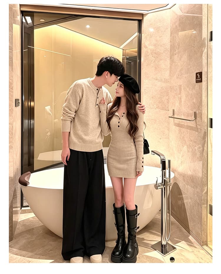 실사 커플룩 가을 겨울철 새로운 긴팔 여성 miu 부서 인터넷 유명인 털 니트 원피스 남자 풀오버 니트 스웨터 세트 상세 이미지 7
