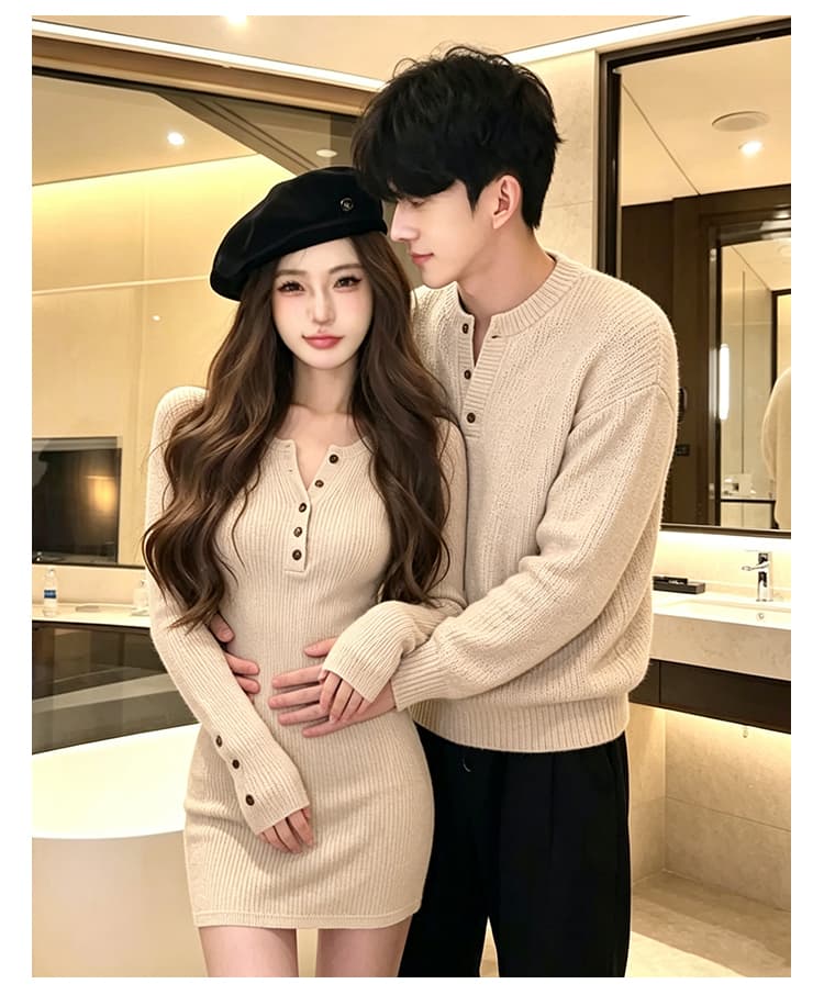 실사 커플룩 가을 겨울철 새로운 긴팔 여성 miu 부서 인터넷 유명인 털 니트 원피스 남자 풀오버 니트 스웨터 세트 상세 이미지 9