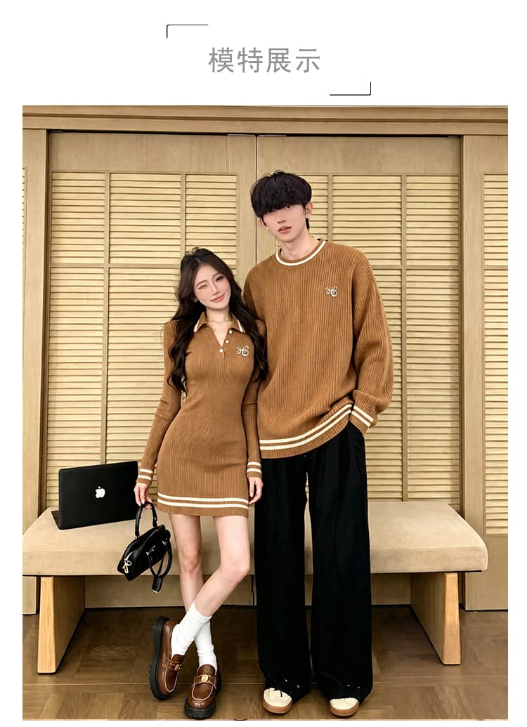 실사 커플룩 가을 새로운 스웨터 남자 니트 스웨터 풀오버 여성 인터넷 유명인 polo 스웨터 드레스 해군 스타일 v 상세 이미지 1