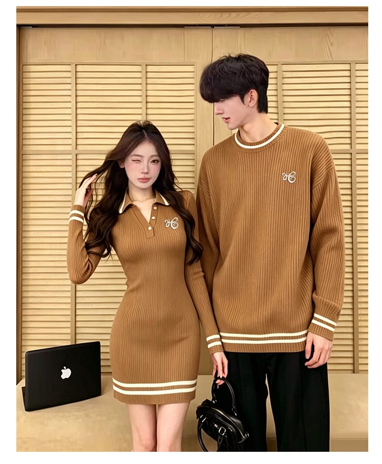 실사 커플룩 가을 새로운 스웨터 남자 니트 스웨터 풀오버 여성 인터넷 유명인 polo 스웨터 드레스 해군 스타일 v 상세 이미지 4