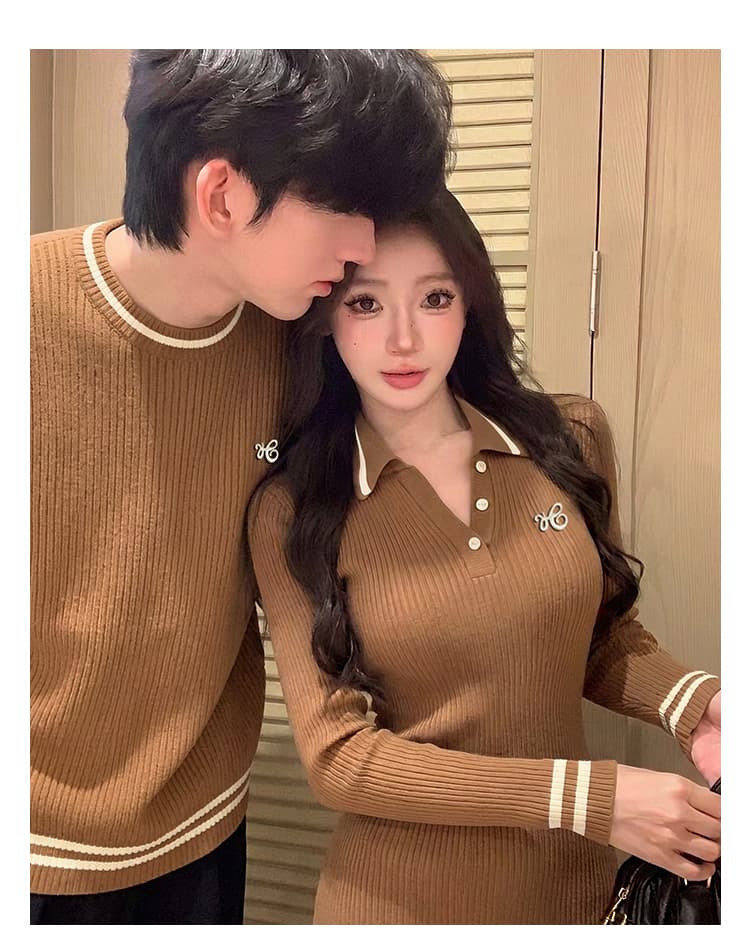 실사 커플룩 가을 새로운 스웨터 남자 니트 스웨터 풀오버 여성 인터넷 유명인 polo 스웨터 드레스 해군 스타일 v 상세 이미지 6